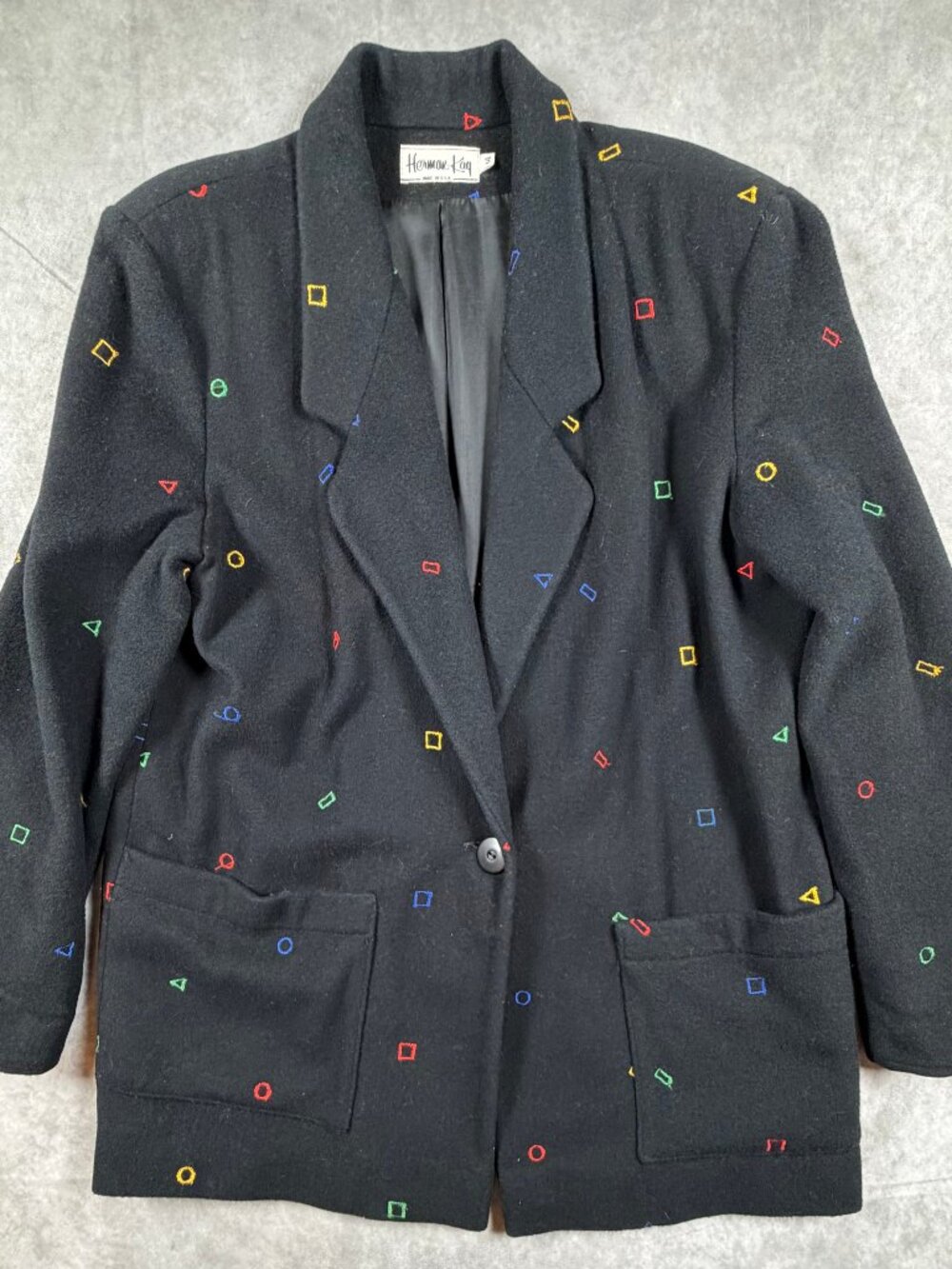 Herman Kay Vintage Womens Wool Blend Geometric Blazer Coat Black 14 USA